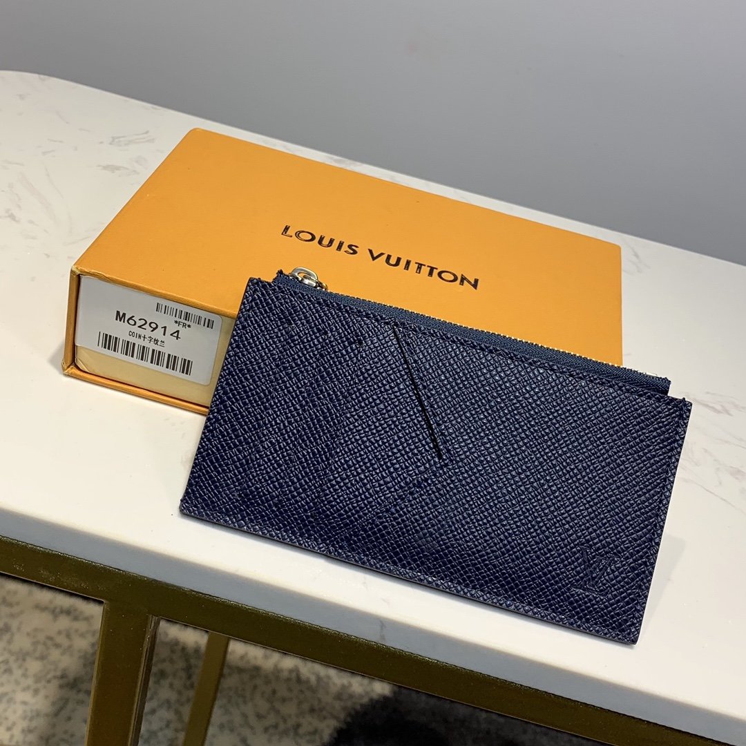 Replica Louis Vuitton M62914 Men Coin Card Holder Taiga Cowhide Leather Lining Blue