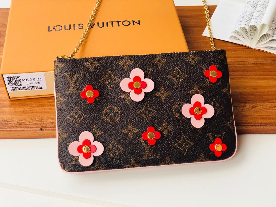 Replica Louis Vuitton M63905 Pochette Double Zip Blooming Flowers Monogram Coated Canvas Chain Wallet