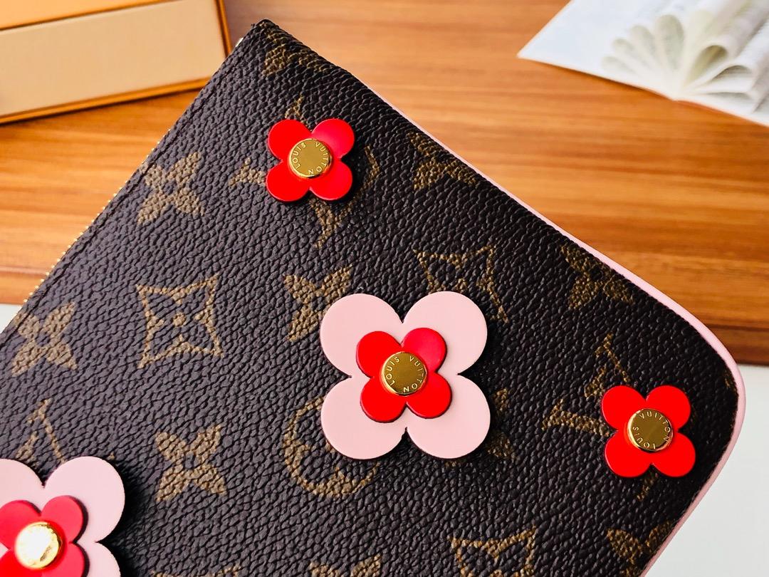 Replica Louis Vuitton M63905 Pochette Double Zip Blooming Flowers Monogram Coated Canvas Chain Wallet