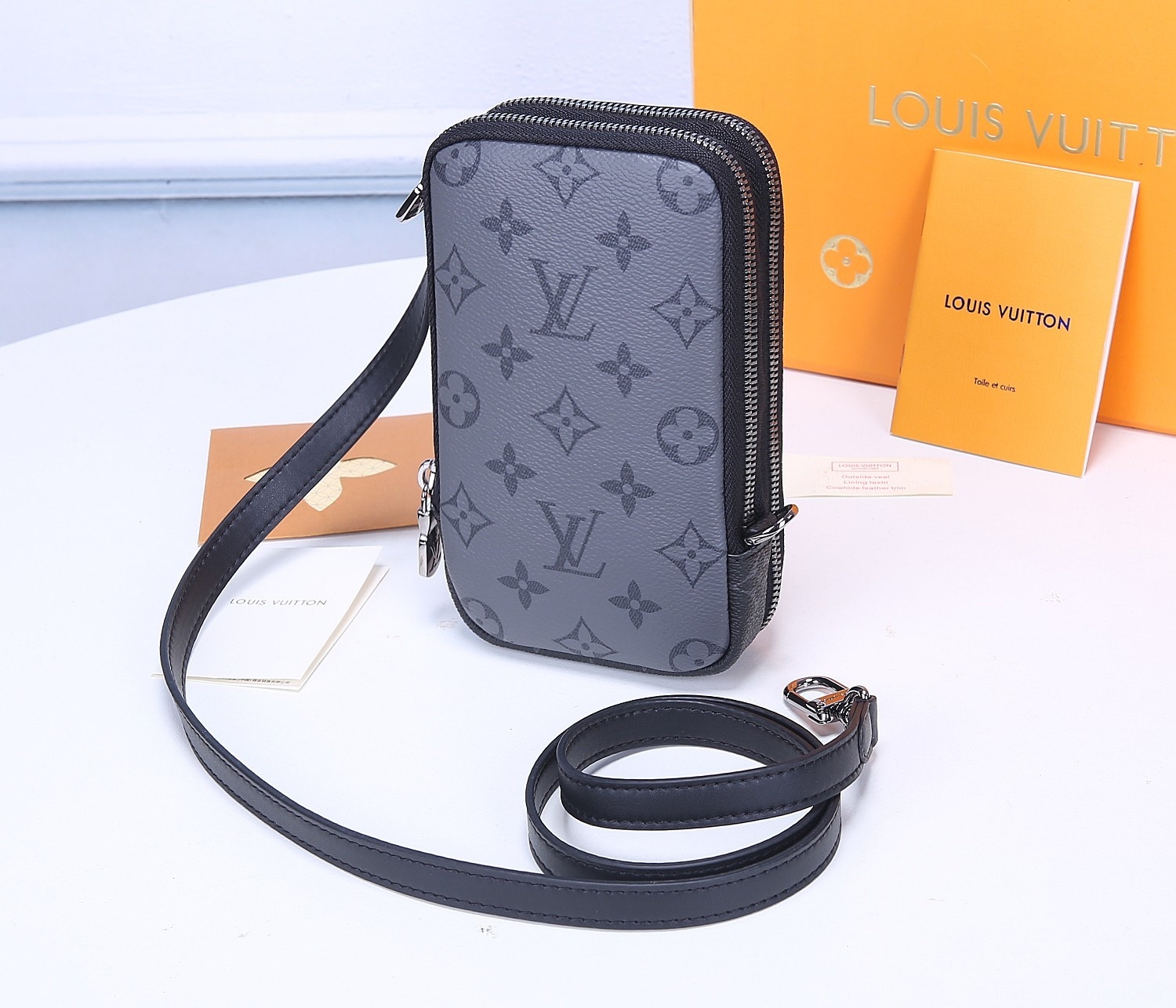 Replica Louis Vuitton M69534 Double Phone Pouch in Monogram Eclipse Canvas and Monogram Eclipse Reverse Canvas