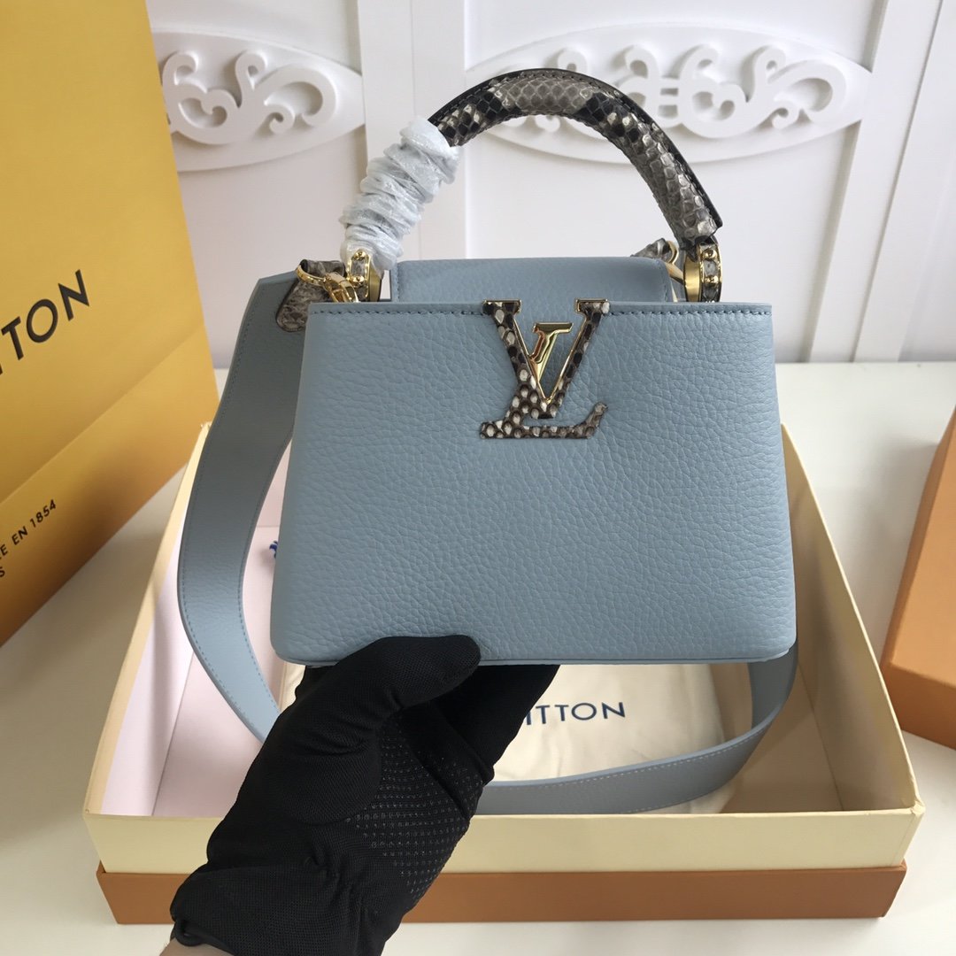 Replica Louis Vuitton M98477 Capucines Taurillon Leather in Blue with Handle Wrapped in Natural Python Leather