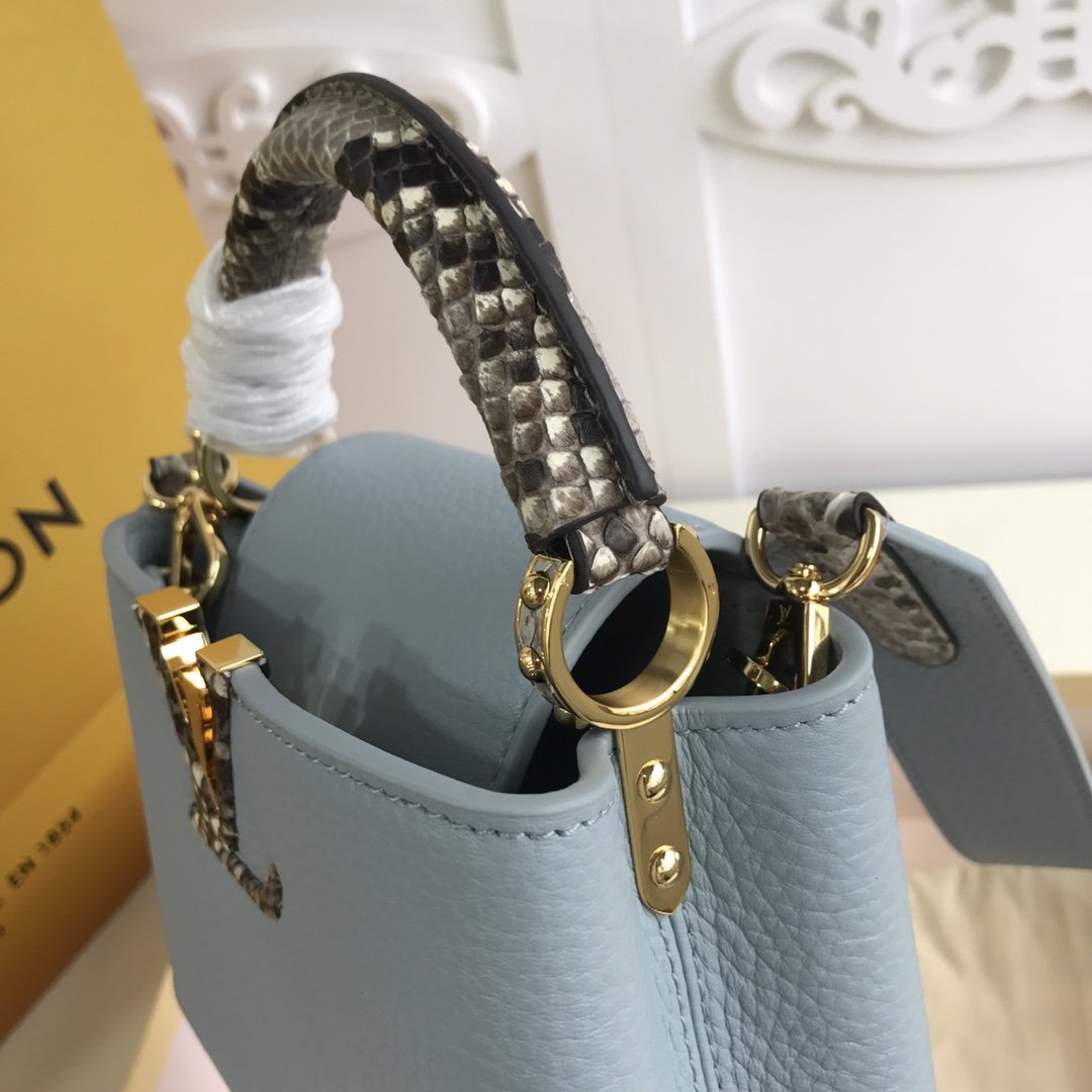 Replica Louis Vuitton M98477 Capucines Taurillon Leather in Blue with Handle Wrapped in Natural Python Leather