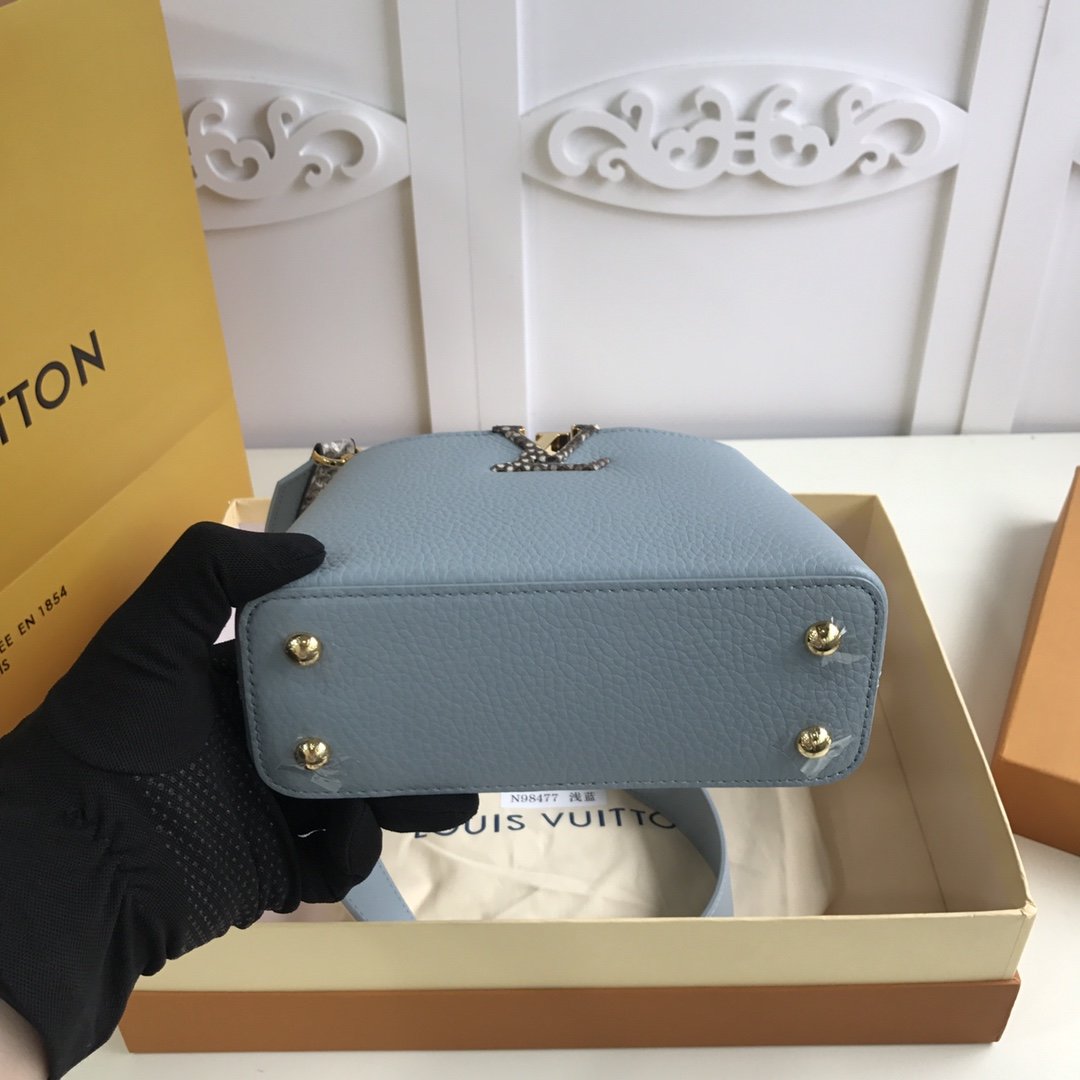 Replica Louis Vuitton M98477 Capucines Taurillon Leather in Blue with Handle Wrapped in Natural Python Leather