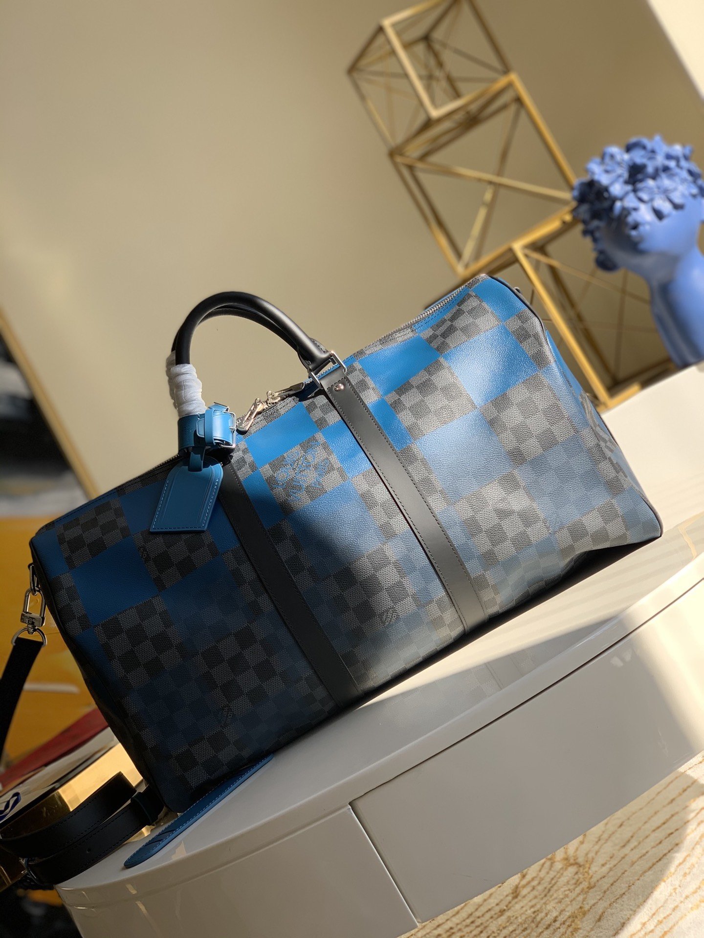 Replica Louis Vuitton N40410 Keepall Bandouliere 50 Blue Damier Graphite Giant Coated Canvas