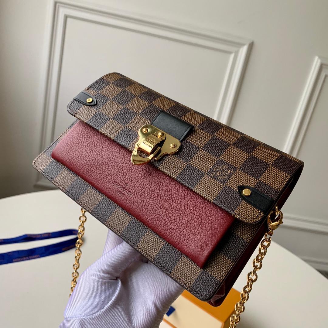 Replica Louis Vuitton N60221 Women Vavin Chain Wallet Damier Ebene Coated Canvas and Cowhide Leather Bordeaux Noir