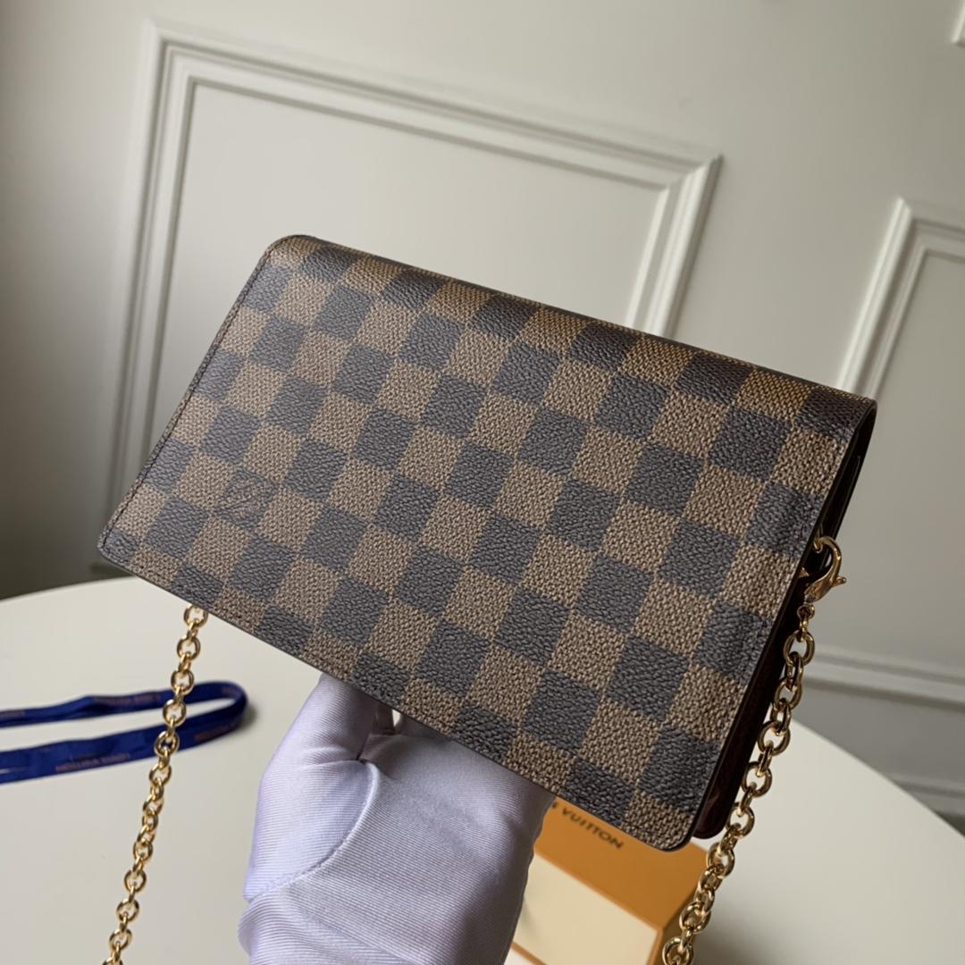 Replica Louis Vuitton N60221 Women Vavin Chain Wallet Damier Ebene Coated Canvas and Cowhide Leather Bordeaux Noir