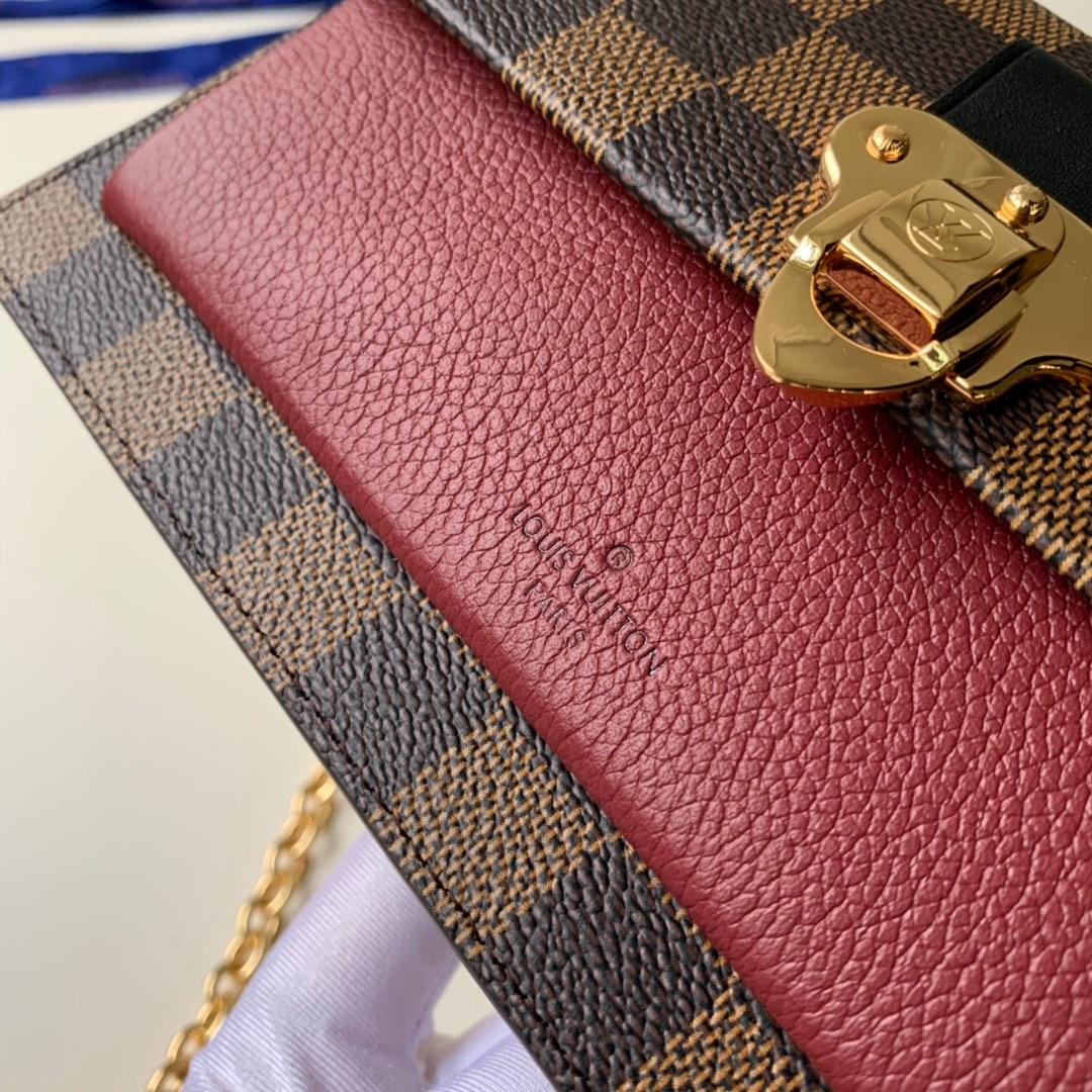 Replica Louis Vuitton N60221 Women Vavin Chain Wallet Damier Ebene Coated Canvas and Cowhide Leather Bordeaux Noir