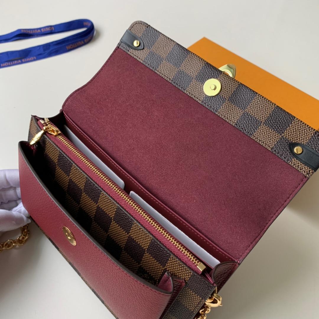 Replica Louis Vuitton N60221 Women Vavin Chain Wallet Damier Ebene Coated Canvas and Cowhide Leather Bordeaux Noir