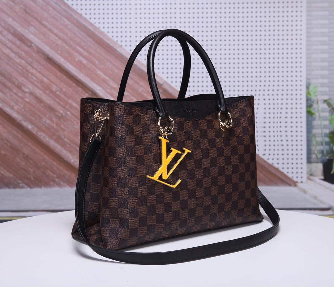 Replica Louis Vuitton Women N40050 LV Riverside Damier Ebene Coated Canvas and Taurillon Grained Leather Noir