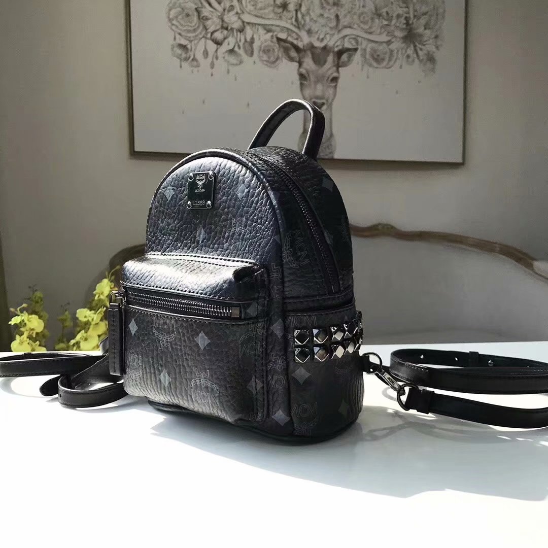 Replica MCM Stark Side Studs Mini Backpack in Visetos Soft Black