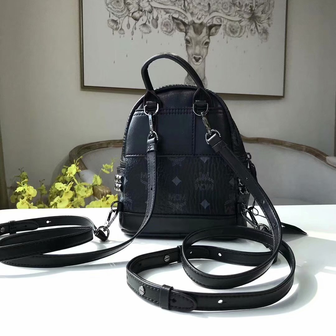 Replica MCM Stark Side Studs Mini Backpack in Visetos Soft Black