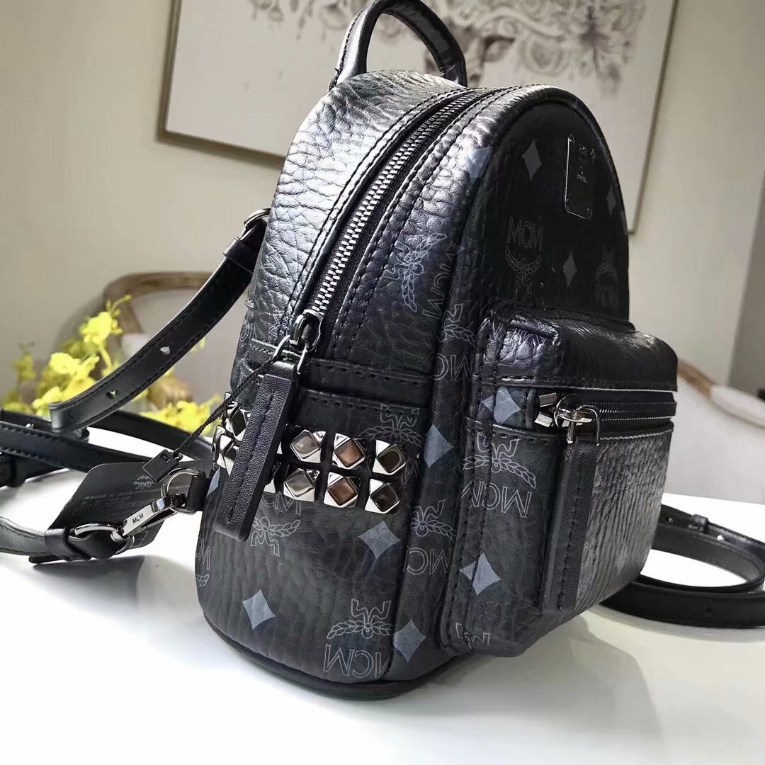 Replica MCM Stark Side Studs Mini Backpack in Visetos Soft Black