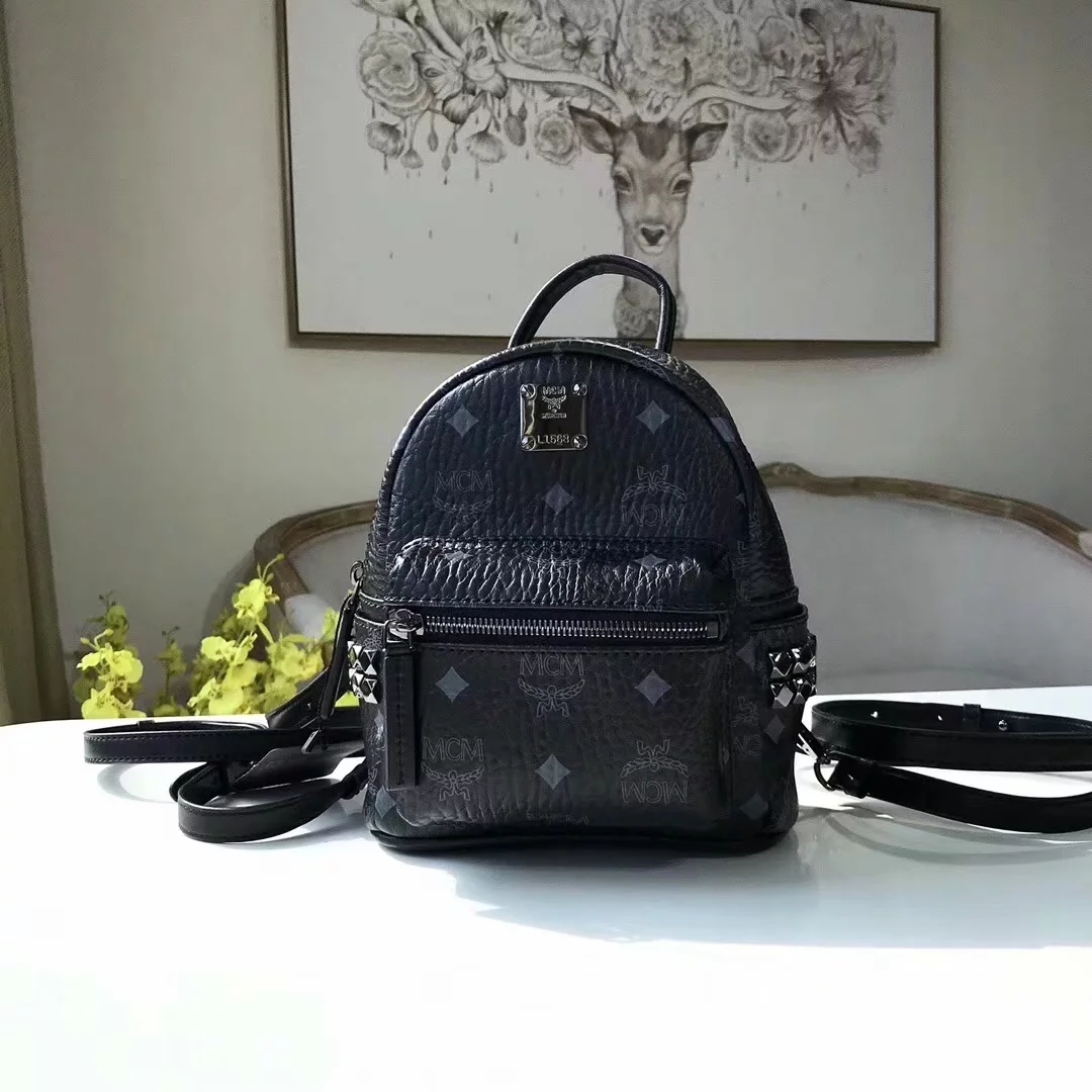 Replica MCM Stark Side Studs Mini Backpack in Visetos Soft Black