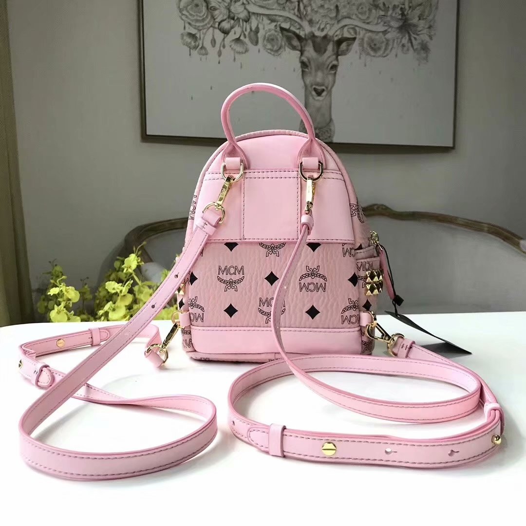 Replica MCM Stark Side Studs Mini Women Backpack in Visetos Soft Pink