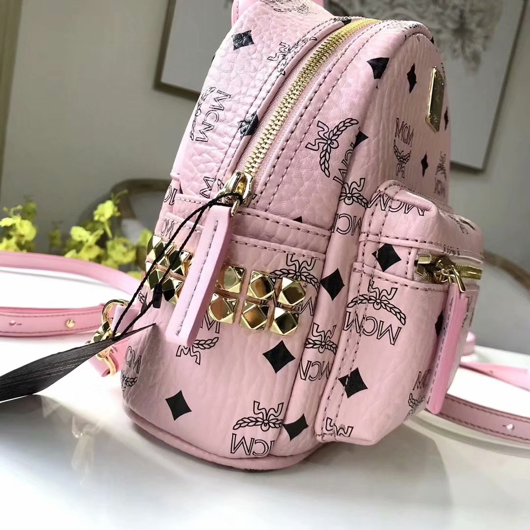 Replica MCM Stark Side Studs Mini Women Backpack in Visetos Soft Pink