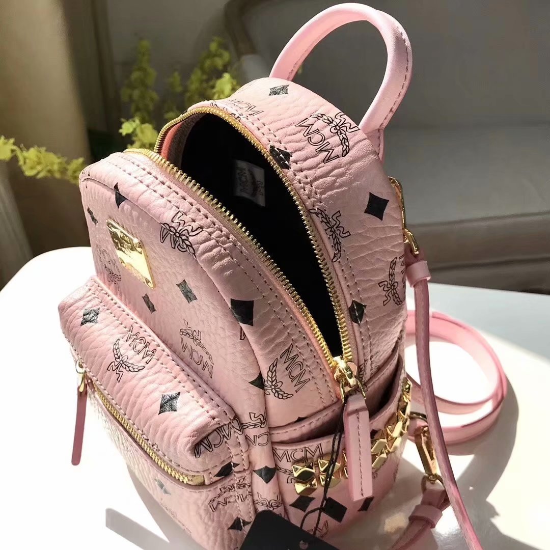 Replica MCM Stark Side Studs Mini Women Backpack in Visetos Soft Pink