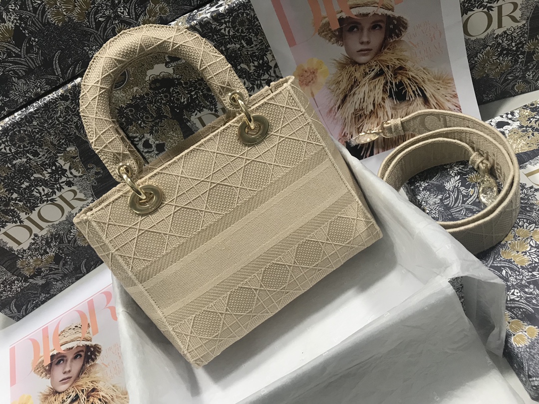 Replica Medium Lady D-Lite Bag Beige Cannage Embroidery