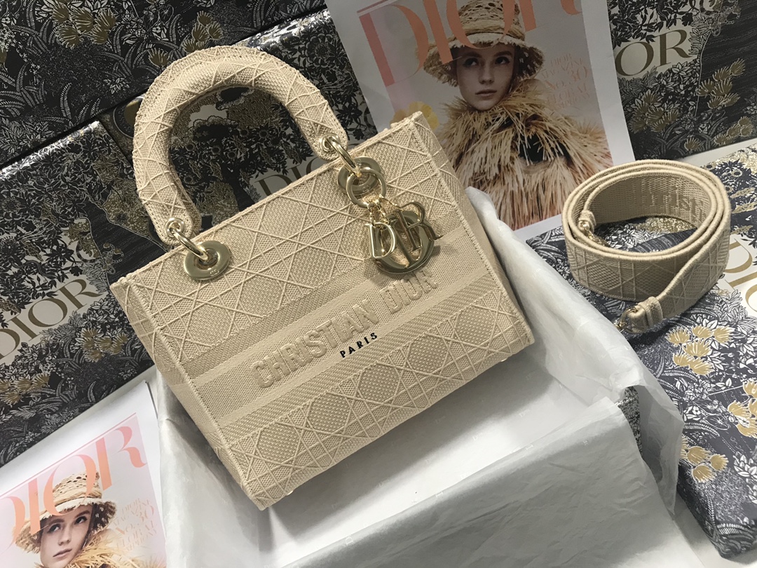 Replica Medium Lady D-Lite Bag Beige Cannage Embroidery