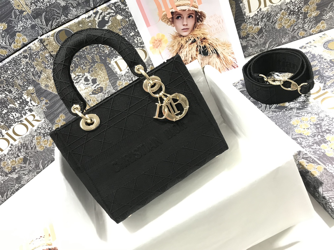 Replica Medium Lady D-Lite Bag Black Cannage Embroidery