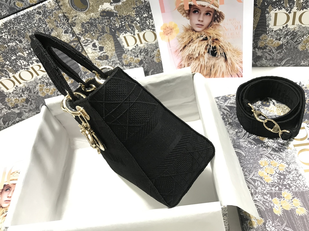 Replica Medium Lady D-Lite Bag Black Cannage Embroidery