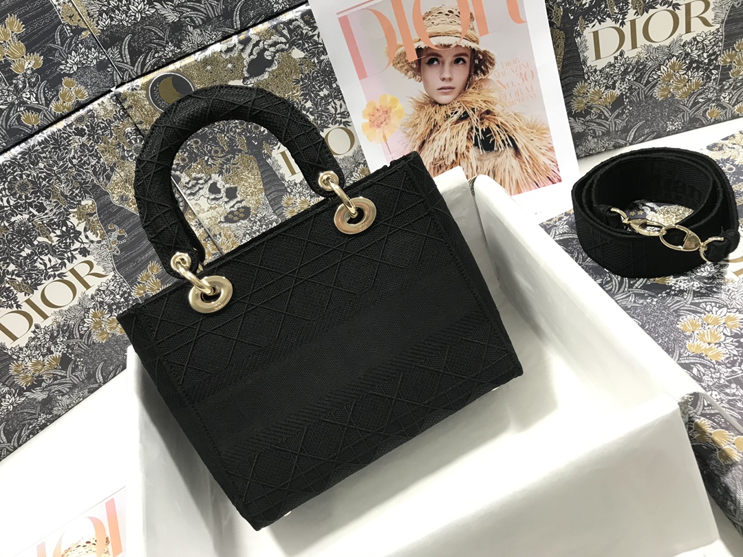 Replica Medium Lady D-Lite Bag Black Cannage Embroidery