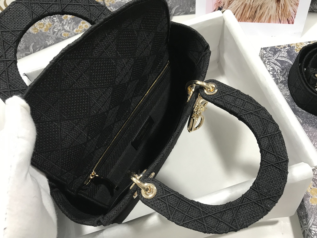 Replica Medium Lady D-Lite Bag Black Cannage Embroidery