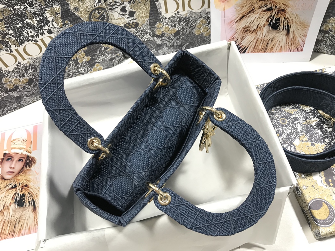 Replica Medium Lady D-Lite Bag Dark Denim Blue Cannage Embroidery