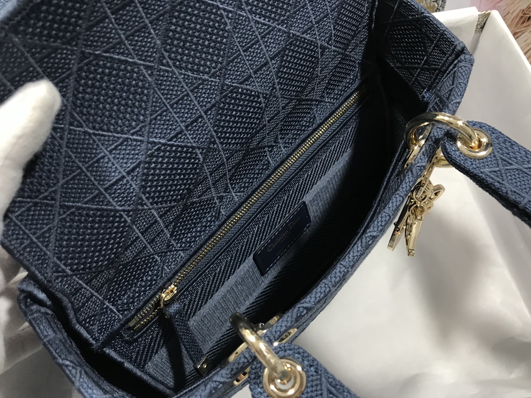 Replica Medium Lady D-Lite Bag Dark Denim Blue Cannage Embroidery