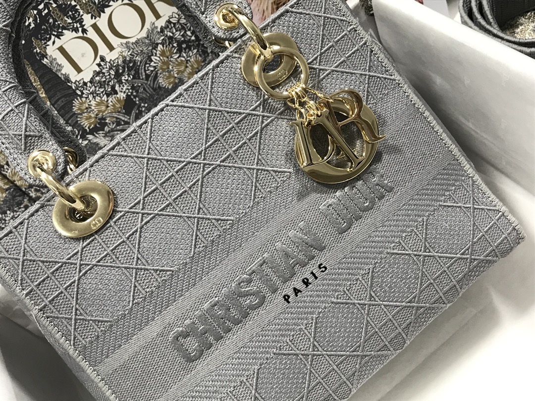 Replica Medium Lady D-Lite Bag Gray Cannage Embroidery