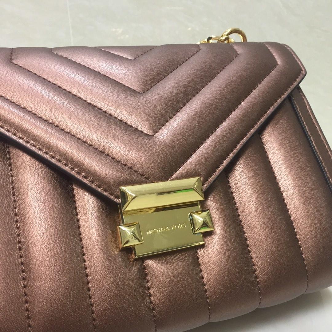 Replica Michael Kors Whitney Large Women Leather Shoulder Bag Brown Gold