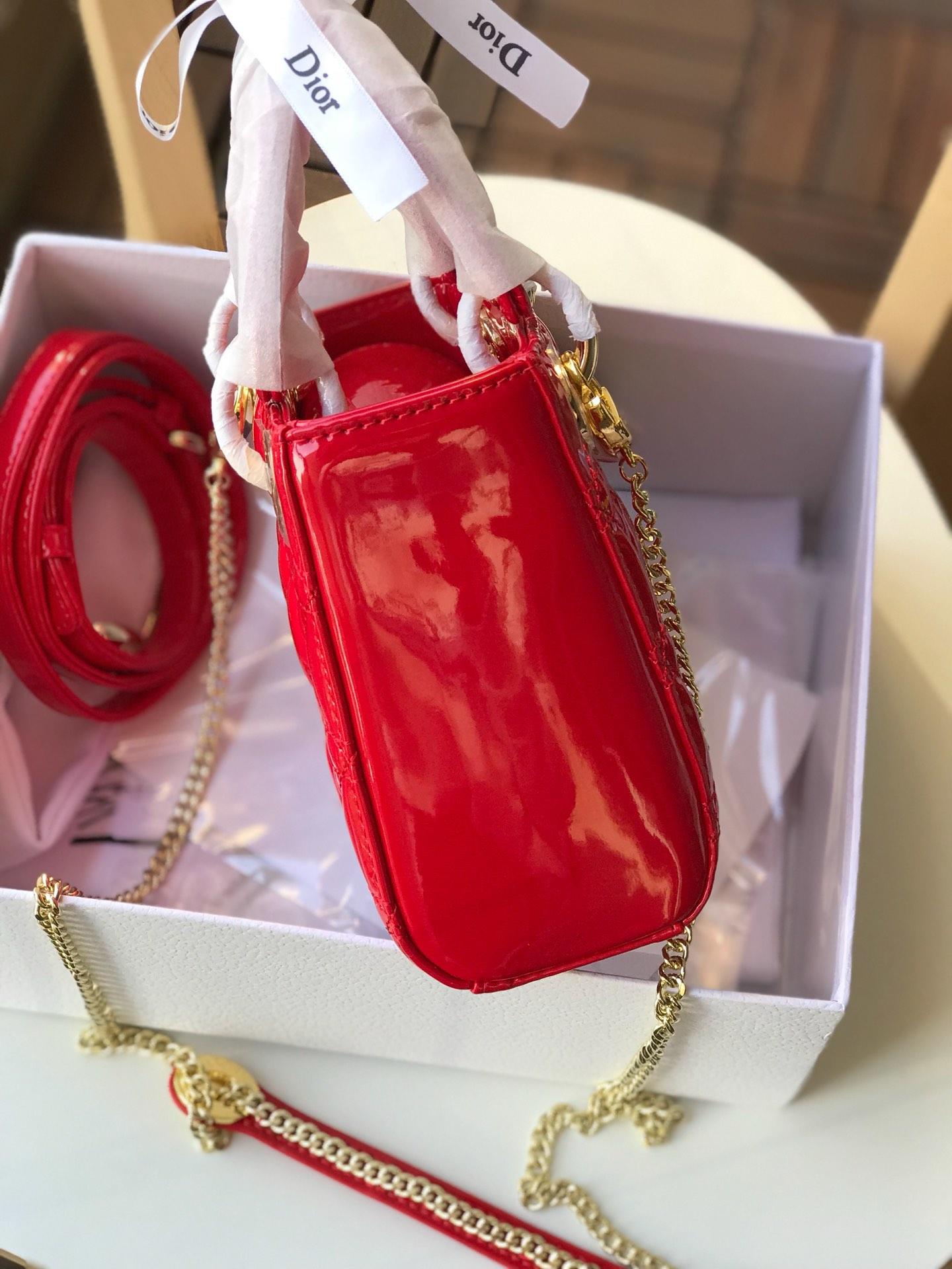 Replica Mini Dior Lady Calfskin Bag in Bright Red Patent Gold-tone Metal