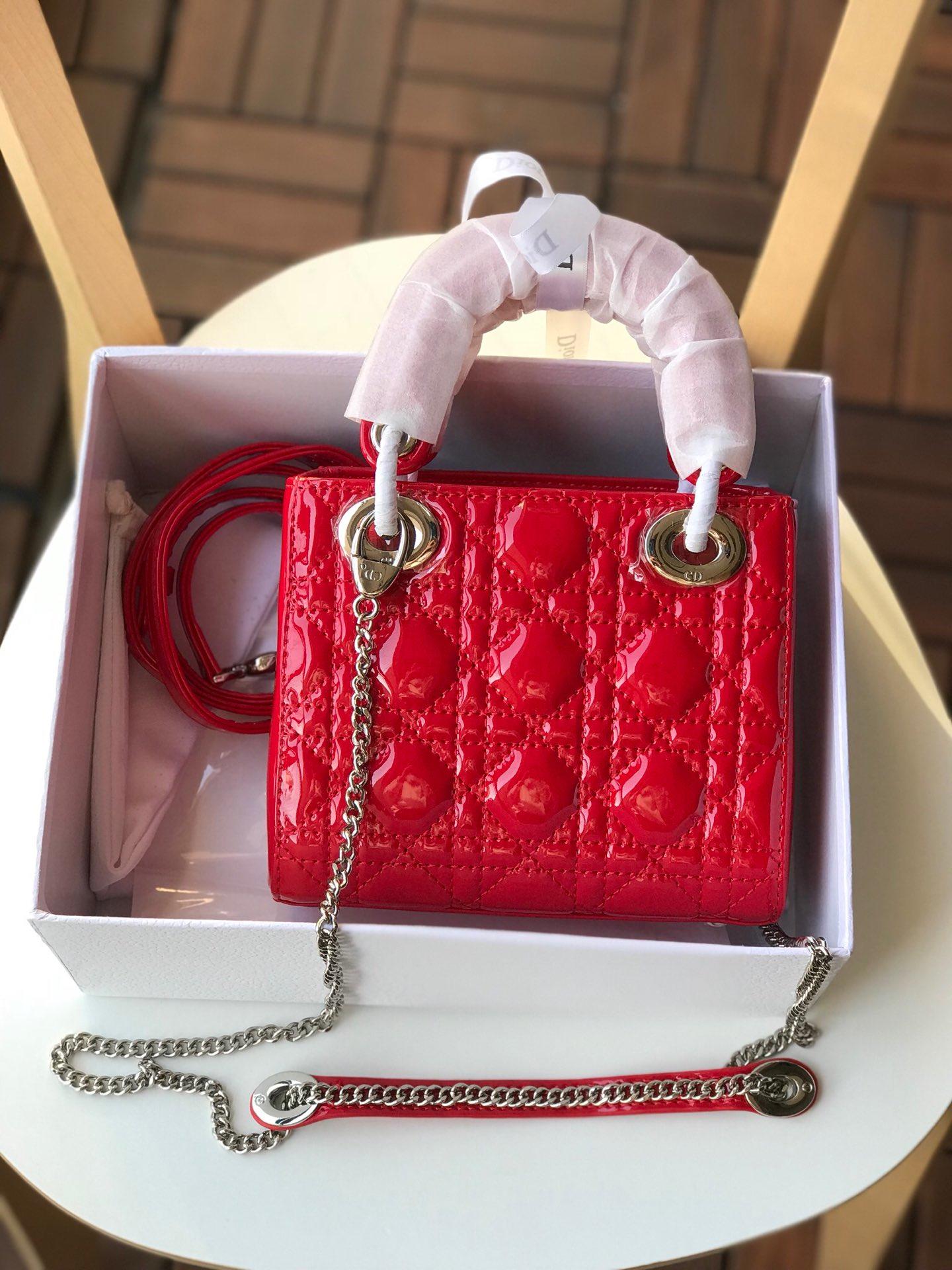 Replica Mini Dior Lady Calfskin Bag in Bright Red Patent Silver-tone Metal