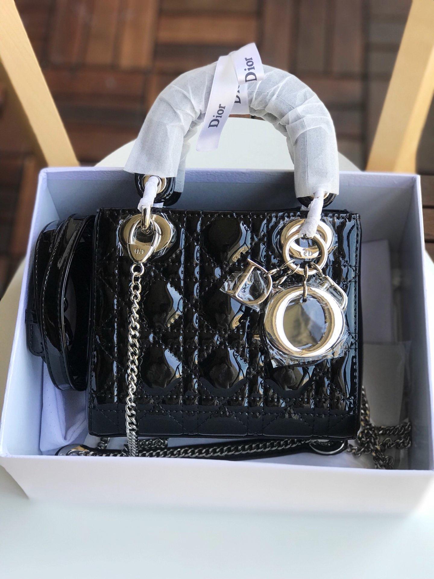 Replica Mini Lady Dior bag with Chain in Black Patent Cannage Calfskin Silver-Tone Metal