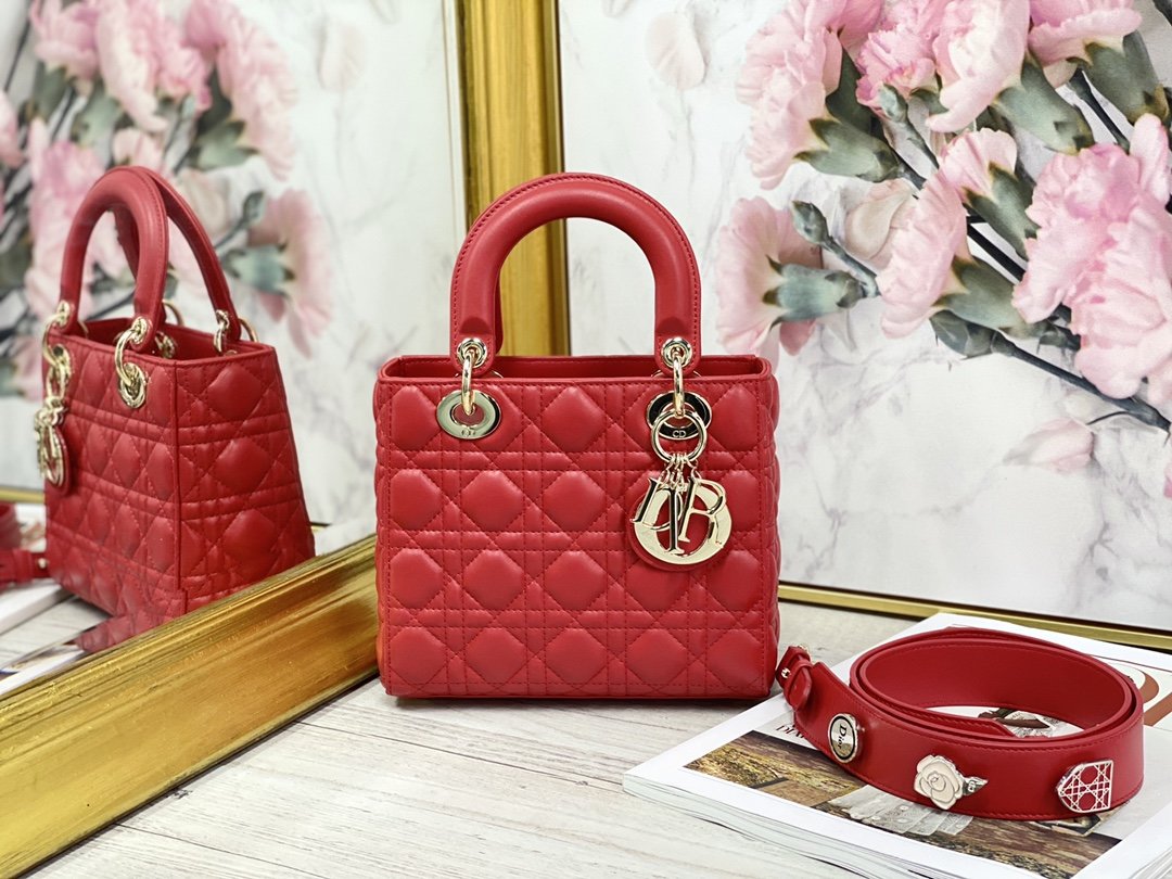 Replica My ABCDior Lady Dior Dioramour Bag Red Cannage Lambskin With Gold