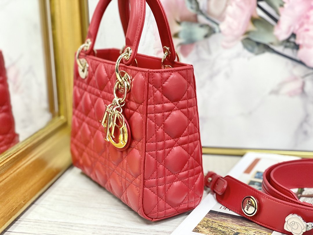 Replica My ABCDior Lady Dior Dioramour Bag Red Cannage Lambskin With Gold