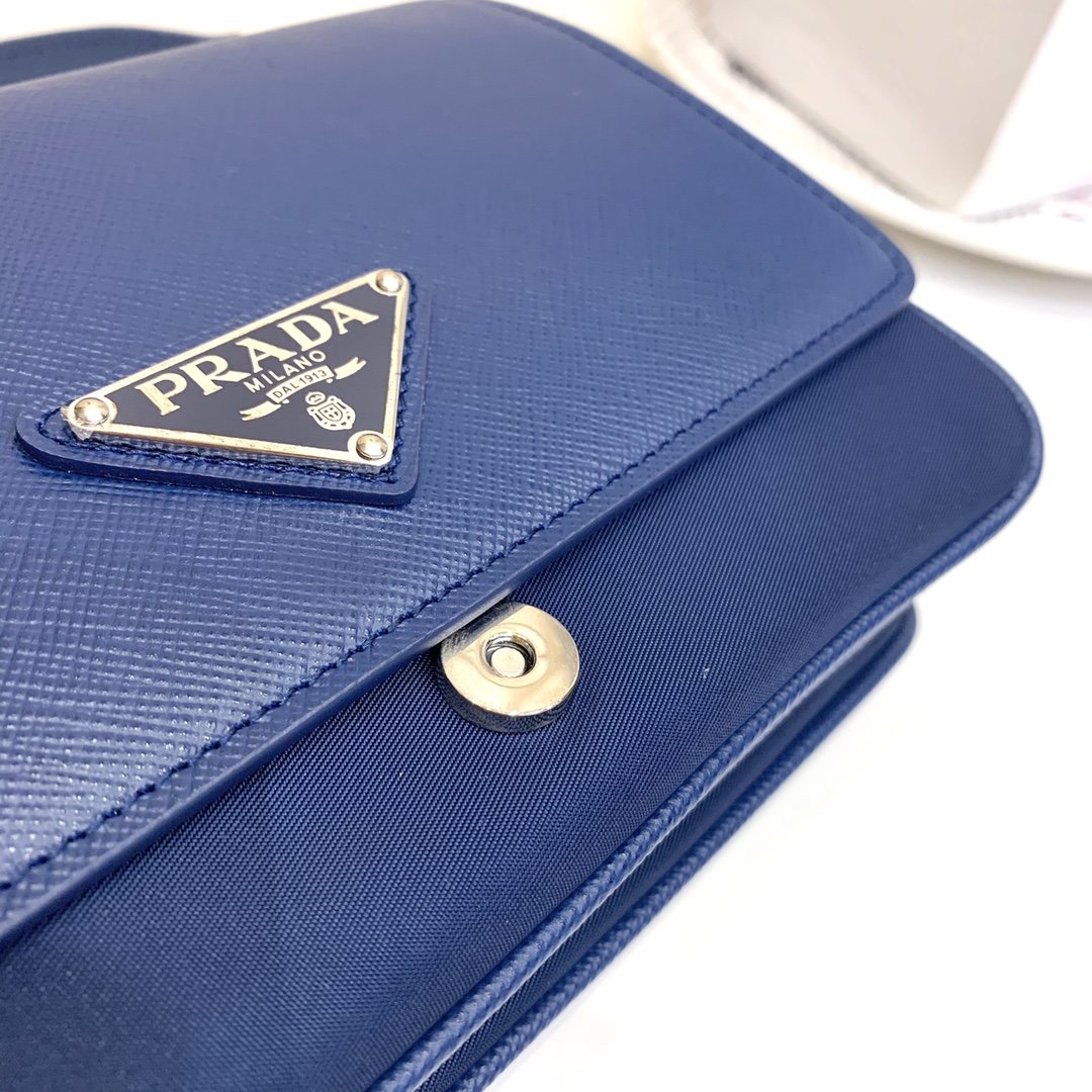 Replica Prada 1BD032 Women Nylon and Saffiano Leather Shoulder Bag Blue