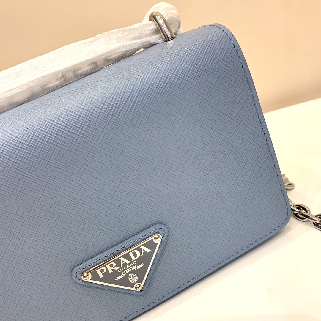 Replica Prada 1BD032 Women Nylon and Saffiano Leather Shoulder Bag Light Blue