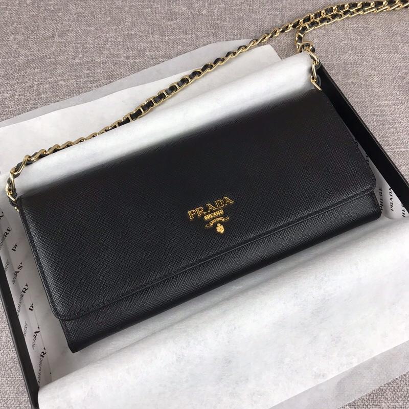 Replica Prada 1M1290 Saffiano Women Wallet with Chain Black