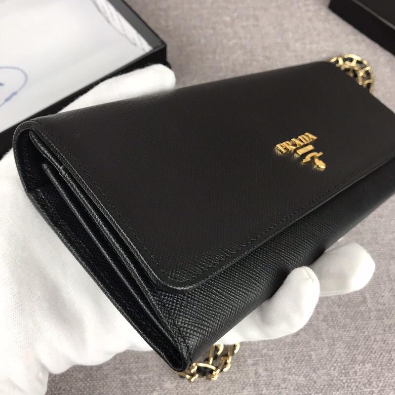 Replica Prada 1M1290 Saffiano Women Wallet with Chain Black