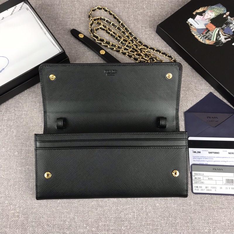 Replica Prada 1M1290 Saffiano Women Wallet with Chain Black