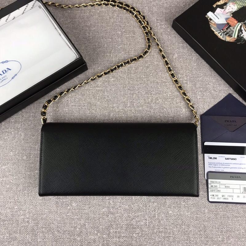 Replica Prada 1M1290 Saffiano Women Wallet with Chain Black