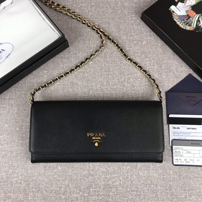 Replica Prada 1M1290 Saffiano Women Wallet with Chain Black