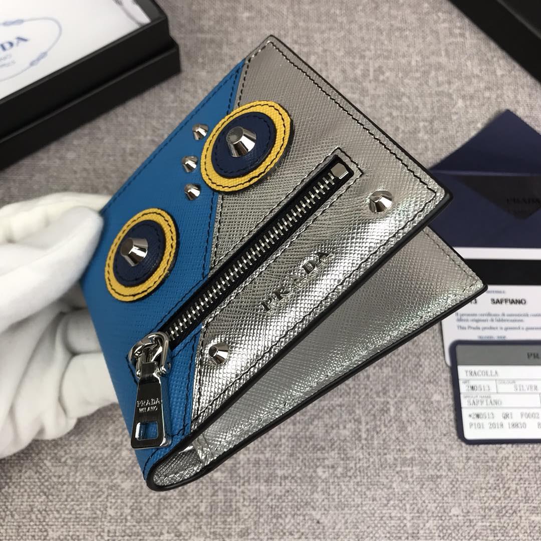 Replica Prada Men 2M0513 Robot Leather Small Wallet Blue and Silver