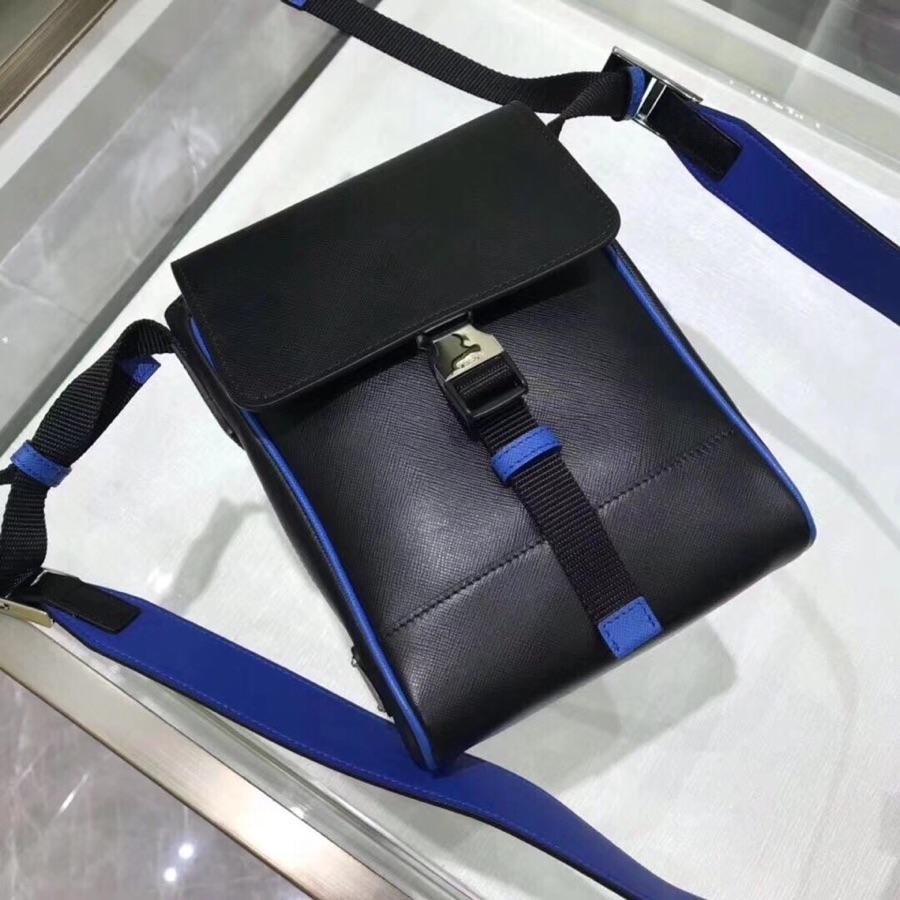 Replica Prada Men Saffiano Leather Shoulder Bag Black and Blue 2VD019