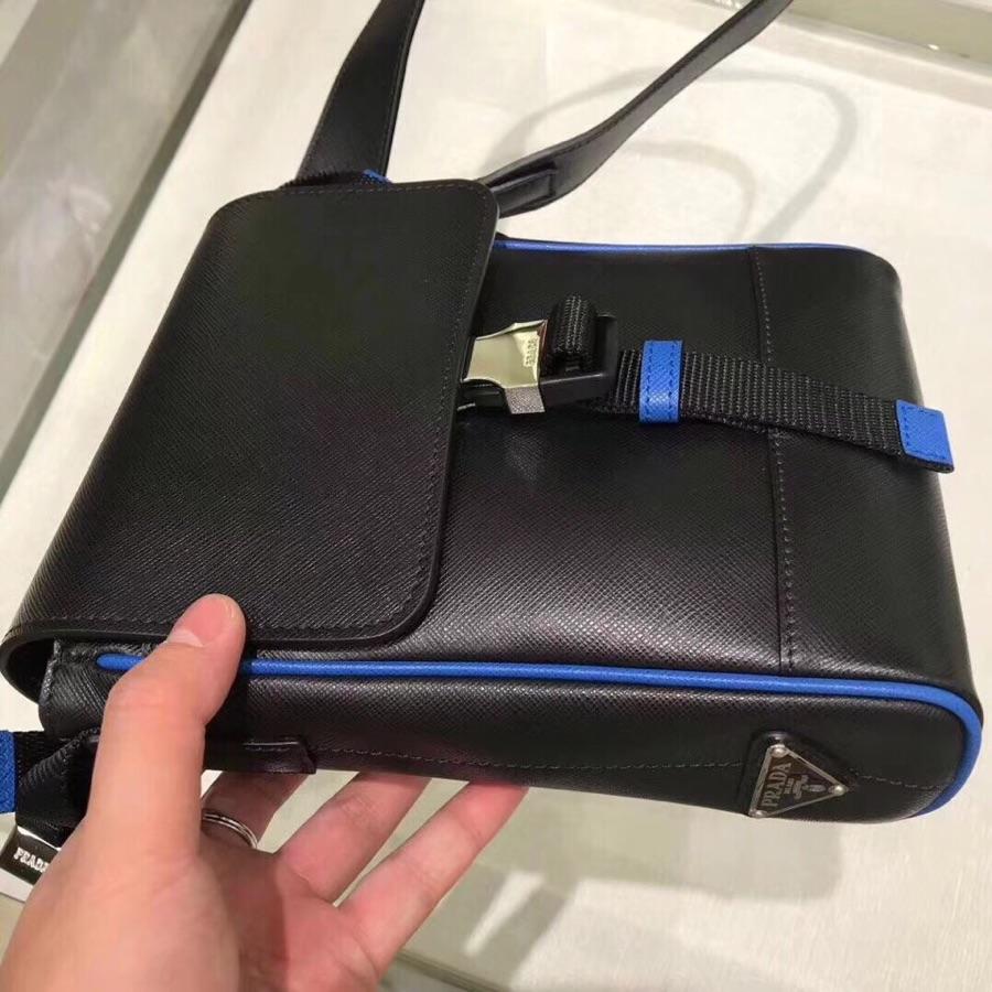 Replica Prada Men Saffiano Leather Shoulder Bag Black and Blue 2VD019