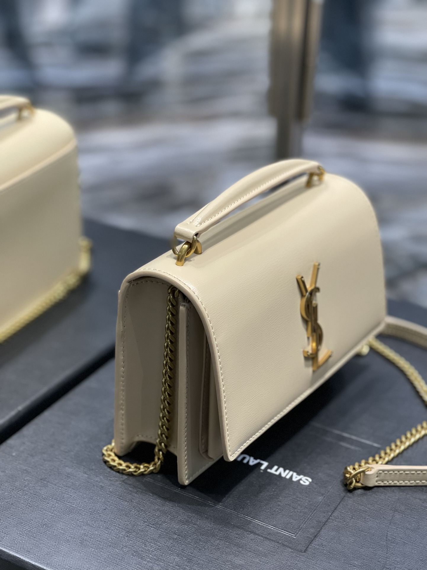 Replica Saint Laurent 19cm Sunset Woc Chain Wallet in Smooth Leather Beige with Gold Logo