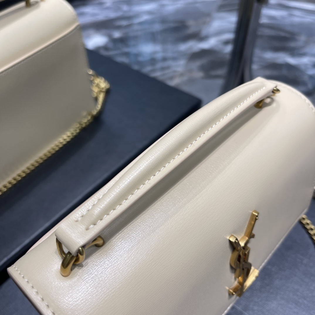 Replica Saint Laurent 19cm Sunset Woc Chain Wallet in Smooth Leather Beige with Gold Logo