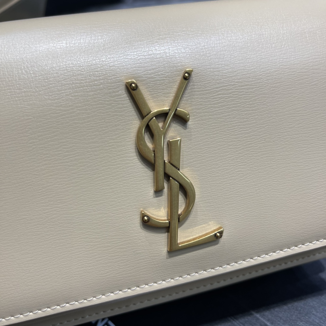 Replica Saint Laurent 19cm Sunset Woc Chain Wallet in Smooth Leather Beige with Gold Logo