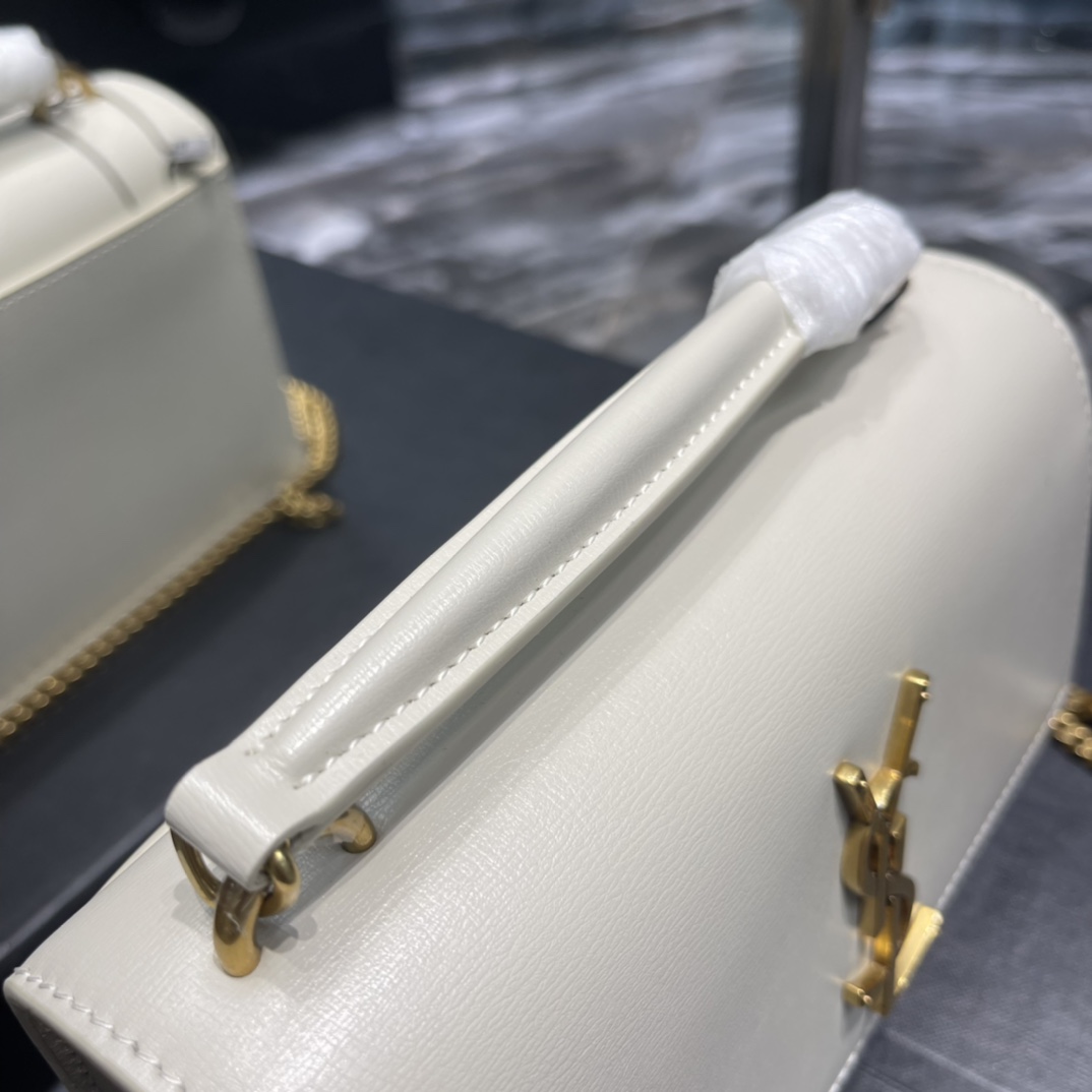 Replica Saint Laurent 19cm Sunset Woc Chain Wallet in Smooth Leather White with Gold Logo