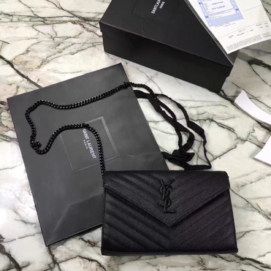 Replica Saint Laurent Monogram Chain Wallet In Grain De Poudre Embossed Leather Black With Black LOGO